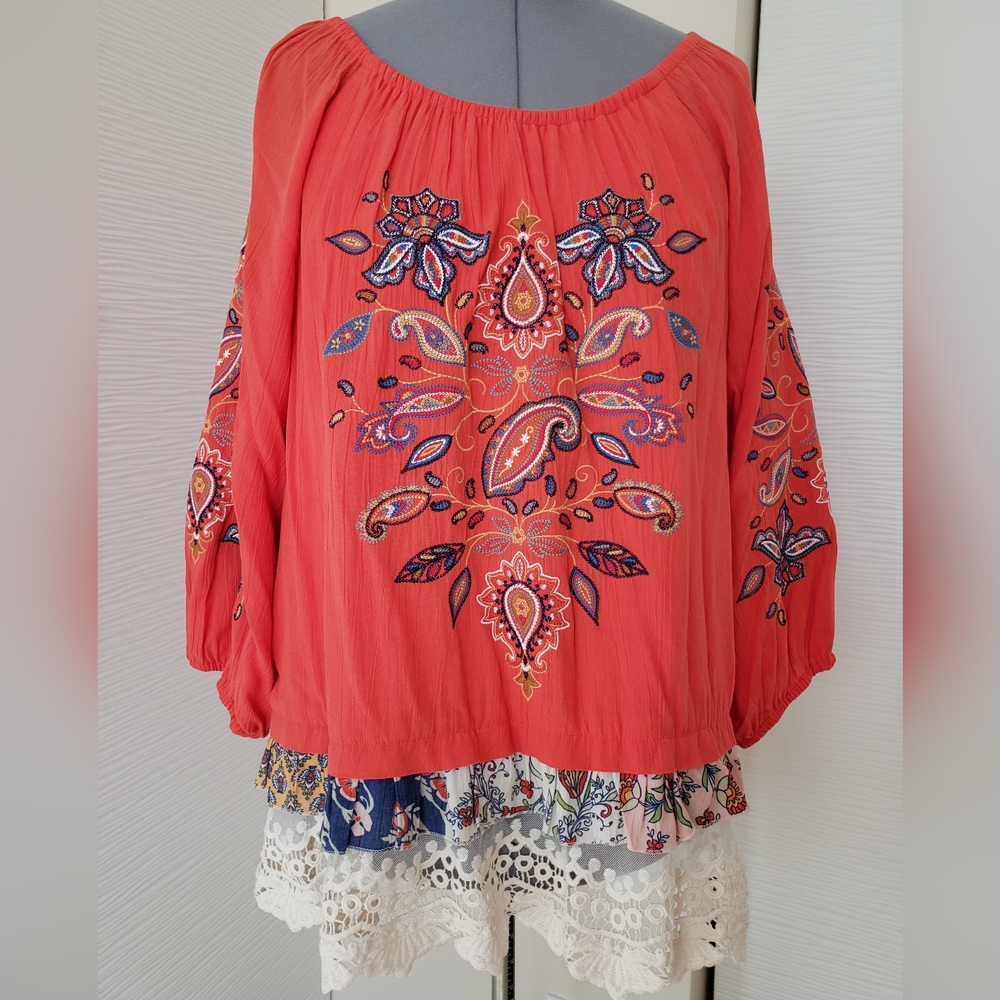 John Mark Boho Coral Embroidered Top Tunic Size L - Picture 4 of 8